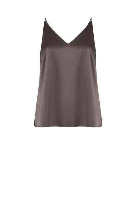 Hnědý hedvábný top s výstřihem do V