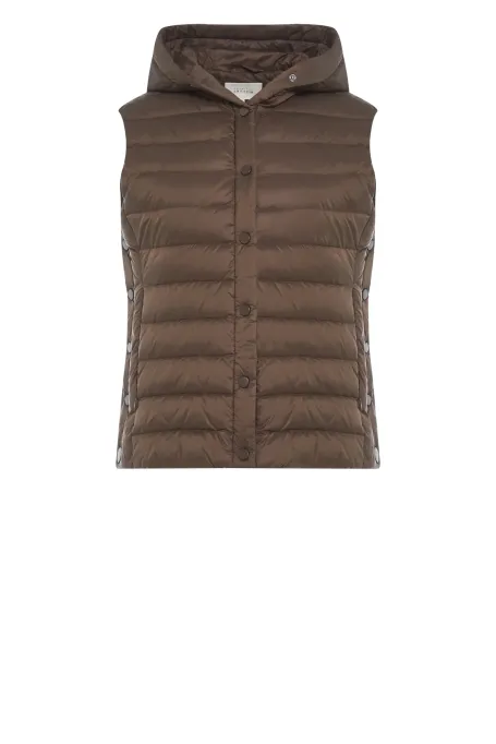 Hnědá péřová vesta s kapucí