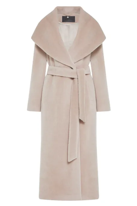 Maxi kabát z baby suri alpaky s kapucí