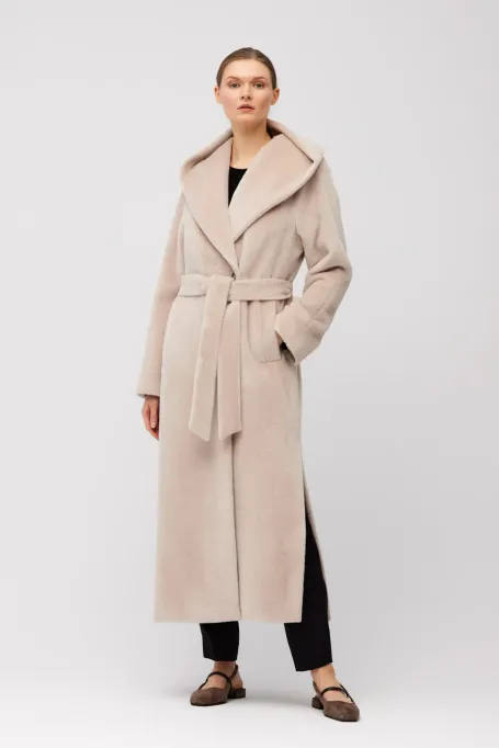 Maxi kabát z baby suri alpaky s kapucí