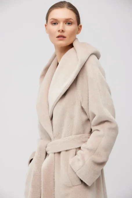 Maxi kabát z baby suri alpaky s kapucí