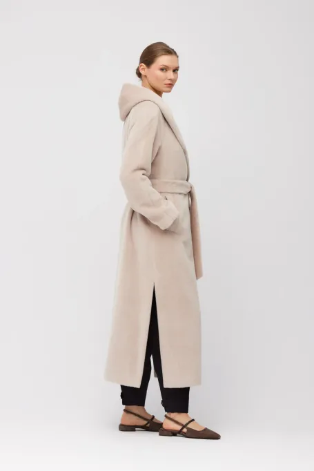 Maxi kabát z baby suri alpaky s kapucí