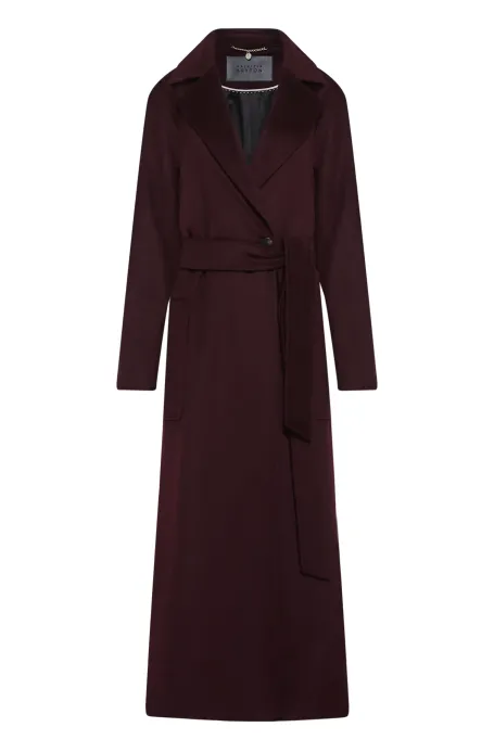 Třešňový kabát s páskem z kašmíru a hedvábí