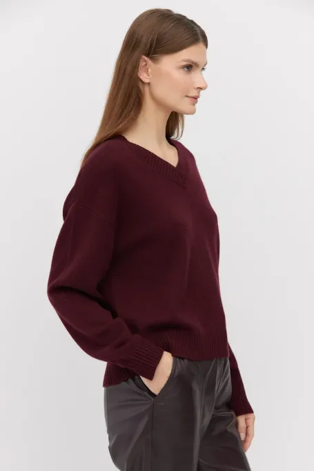 Volný třešňový svetr s kašmírem a merino vlnou