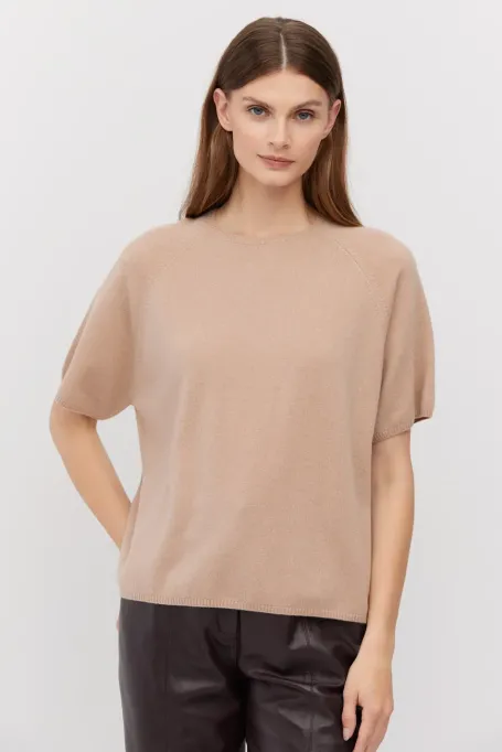 Růžová blůza s krátkým rukávem z merino vlny a kašmíru