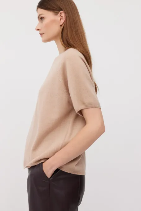 Růžová blůza s krátkým rukávem z merino vlny a kašmíru