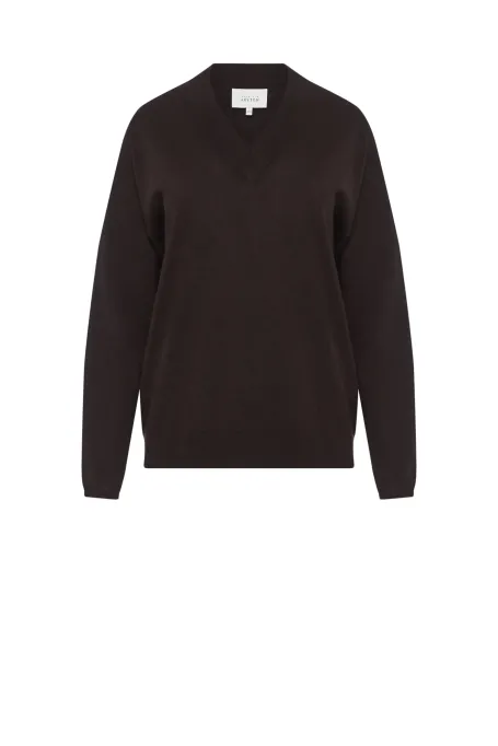 Hnědá blůzka z merino vlny s výstřihem do V