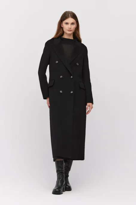 Černý dlouhý kabát z kašmíru doubleface