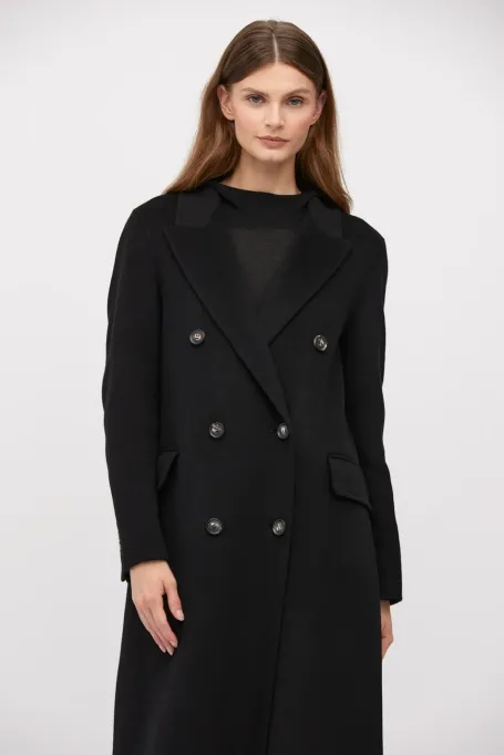Černý dlouhý kabát z kašmíru doubleface