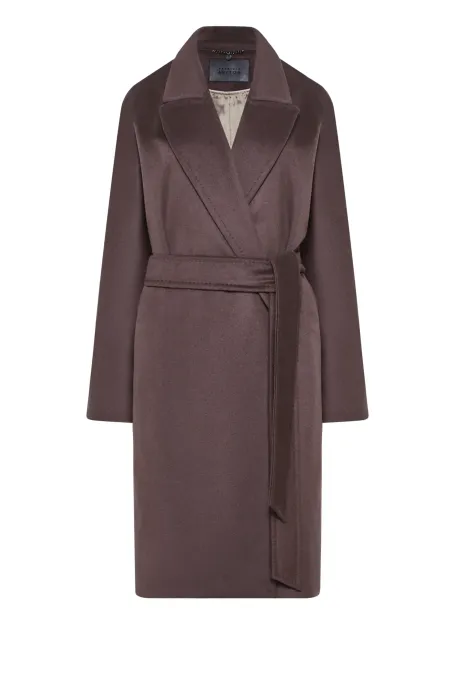 Hnědý vlněný kabát s páskem