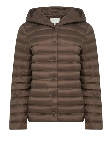 Krátká hnědá péřová bunda s kapucí