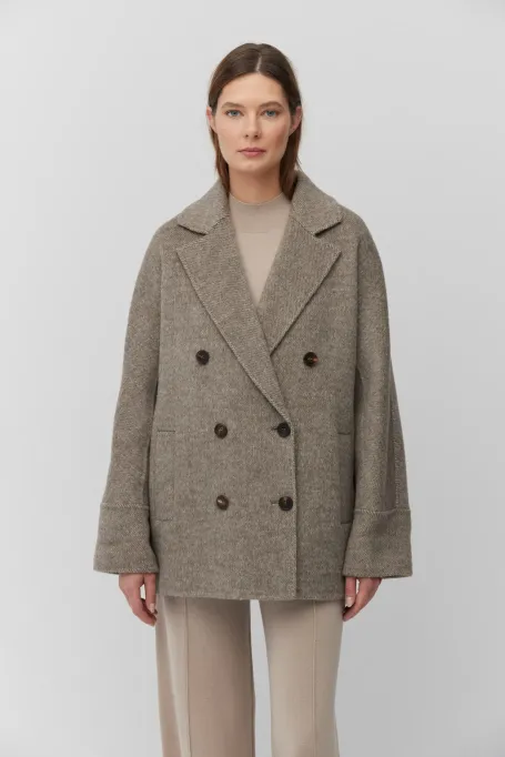 Hnědá oboustranná bunda s herringbonovým vzorem z alpaky