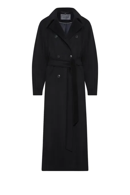 Černý kabát s opaskem z příměsi hedvábí a kašmiru