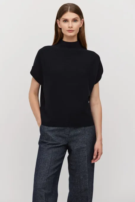 Granátová vlněná blůza s polo-výstřihem a krátkým rukávem