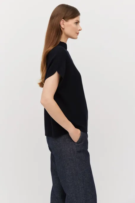 Granátová vlněná blůza s polo-výstřihem a krátkým rukávem