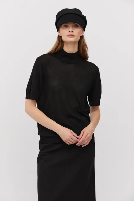 Černý polo rolák s krátkým rukávem z merino vlny