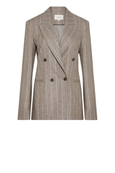 Žakiet v taupe barvě s proužky a příměsí kašmíru