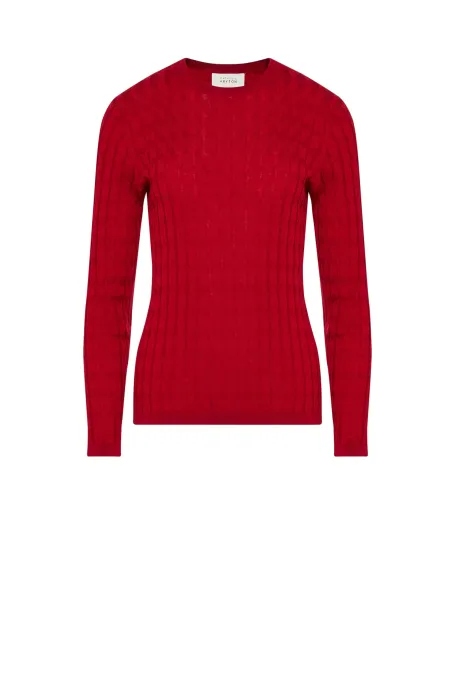 Červená halenka s pleteným vzorem z merino vlny