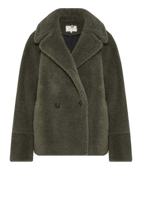 Tmavě zelený dvouřadý kabát z teddy bear vlny