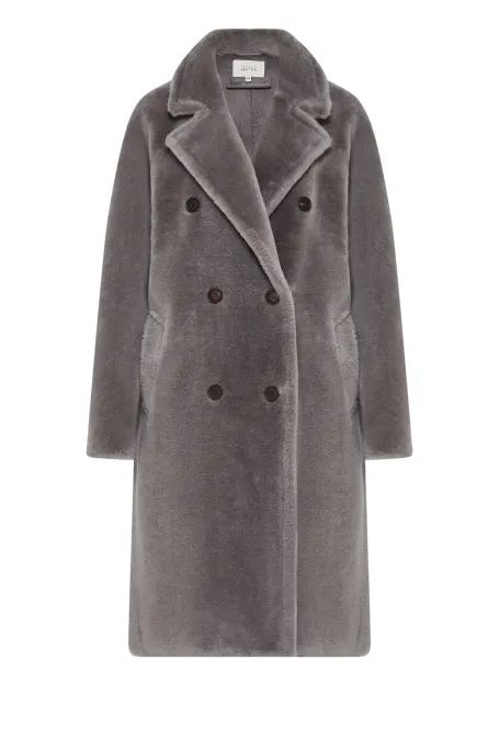 Šedý midi kabát z teddy vlny