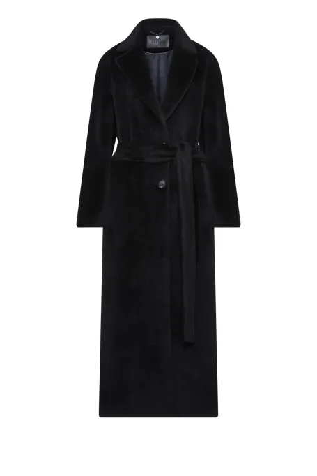 Černý midi kabát s páskem z suri alpaky