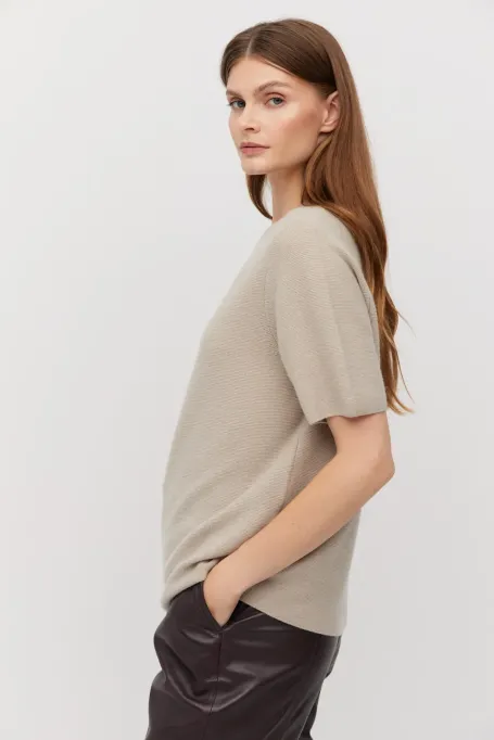 Bežová blůza s krátkým rukávem z merino vlny