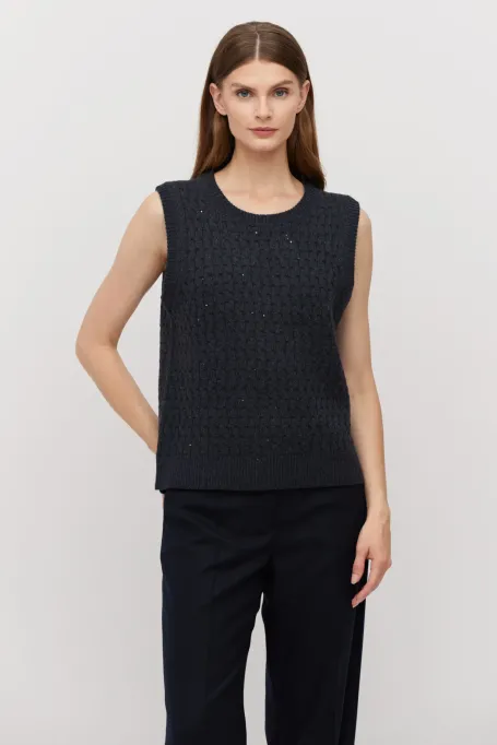 Tmavě modrý svetr bezrukávník z merino vlny