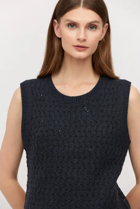 Tmavě modrý svetr bezrukávník z merino vlny