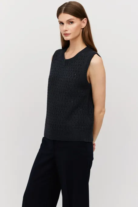 Tmavě modrý svetr bezrukávník z merino vlny