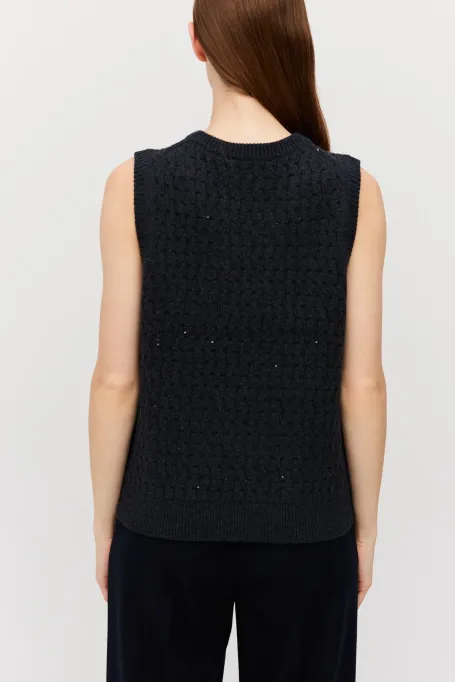 Tmavě modrý svetr bezrukávník z merino vlny