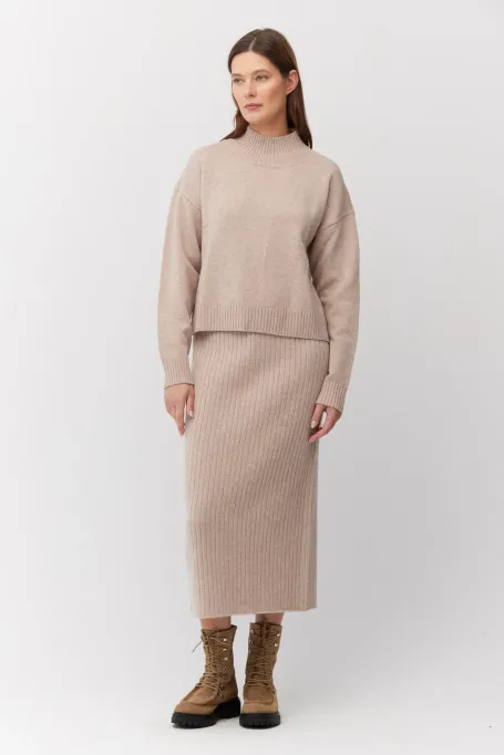 Bežová pletená sukně z merinov wool