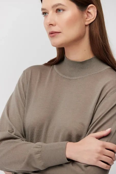 Beige polo-neck blouse made of merino wool