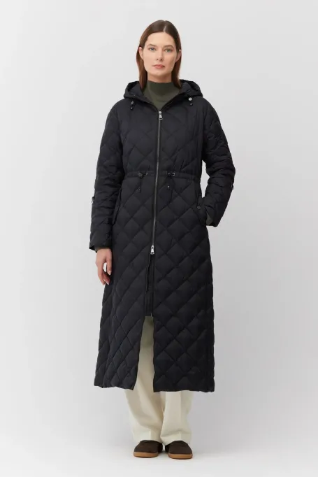 Černá dlouhá péřová bunda s kapucí