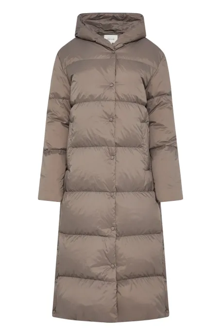 Dlouhá béžová péřová bunda s kapucí