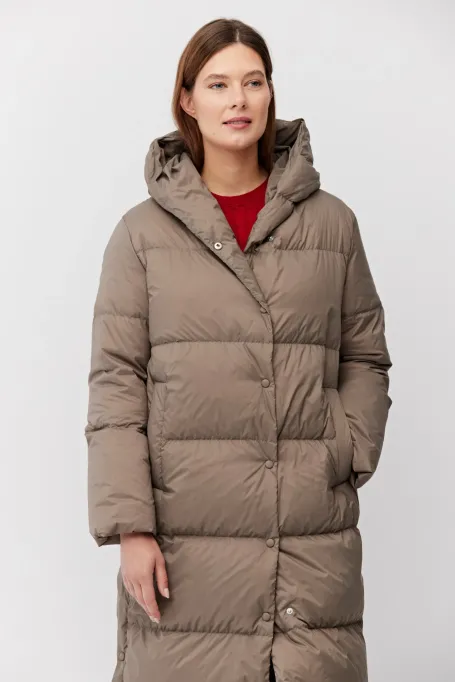 Dlouhá béžová péřová bunda s kapucí