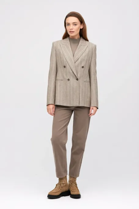 Žakiet v taupe barvě s proužky a příměsí kašmíru