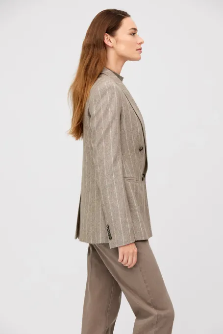 Žakiet v taupe barvě s proužky a příměsí kašmíru