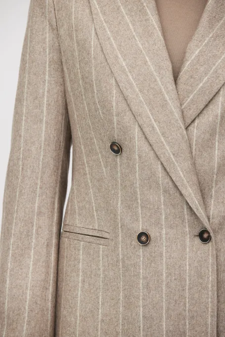 Žakiet v taupe barvě s proužky a příměsí kašmíru