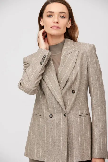 Žakiet v taupe barvě s proužky a příměsí kašmíru