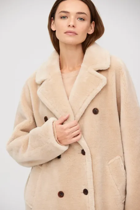 Beige midi kabát z vlny teddy bear