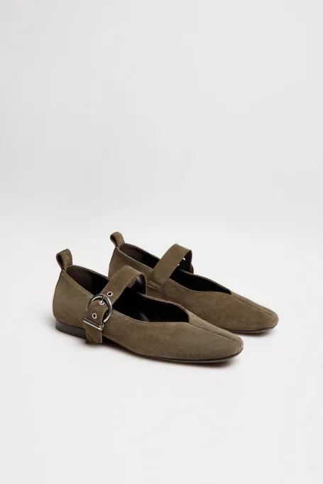 Zelené baleríny z broušené kůže