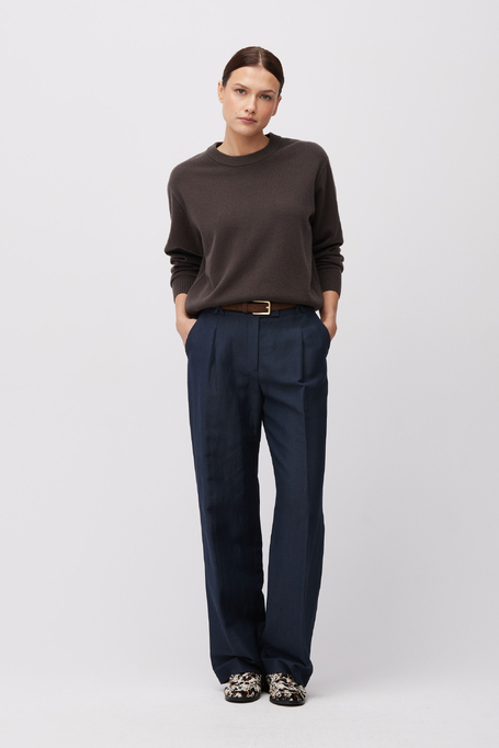 Tmavě modré oblekové kalhoty z vlny a lnu
