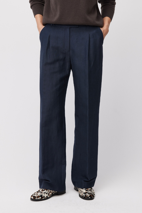 Tmavě modré oblekové kalhoty z vlny a lnu