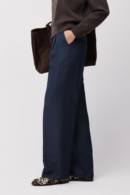 Tmavě modré oblekové kalhoty z vlny a lnu