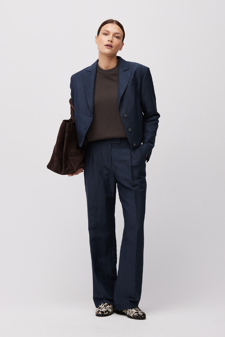 Tmavě modré oblekové kalhoty z vlny a lnu - Patrizia Aryton