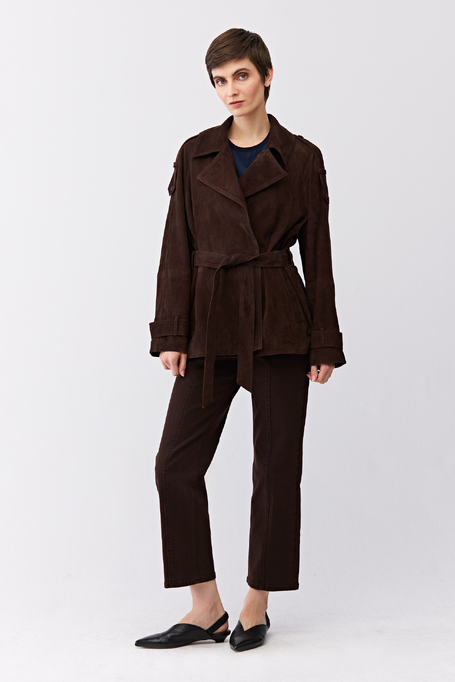 Hnědá kožená bunda s páskem - Patrizia Aryton