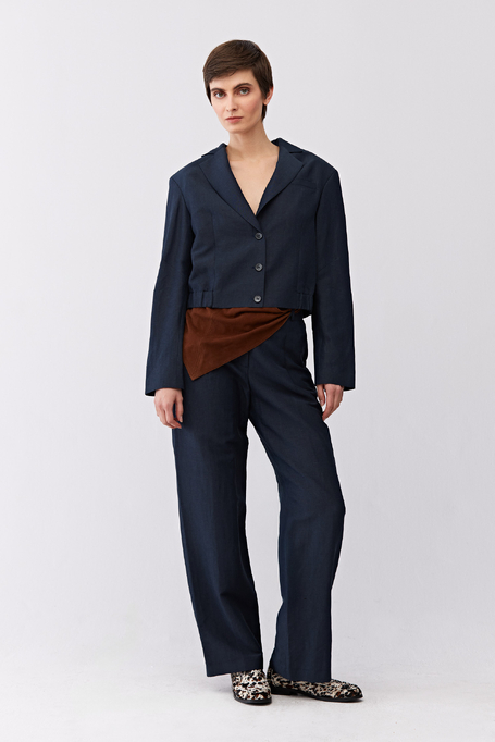 Tmavě modré jednořadé sako z vlny a lnu