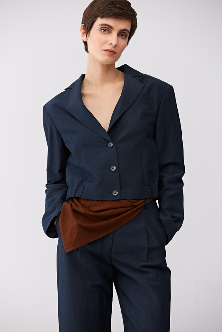 Tmavě modré jednořadé sako z vlny a lnu