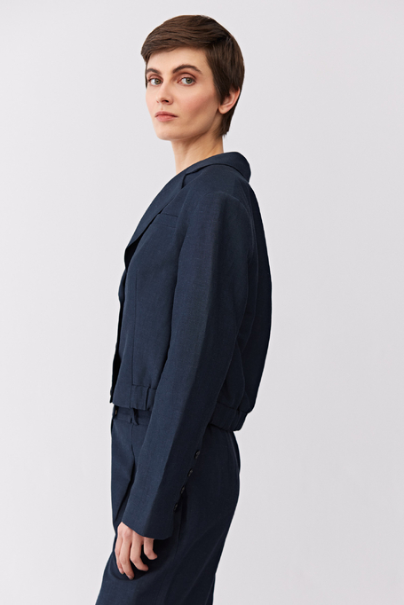 Tmavě modré jednořadé sako z vlny a lnu