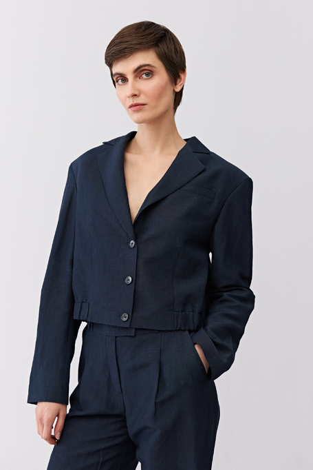 Tmavě modré jednořadé sako z vlny a lnu